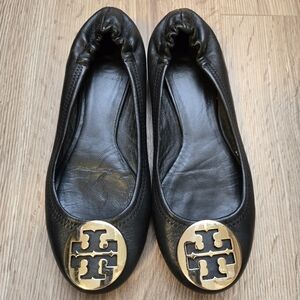 Tory Burch Black Flats with Gold Logo